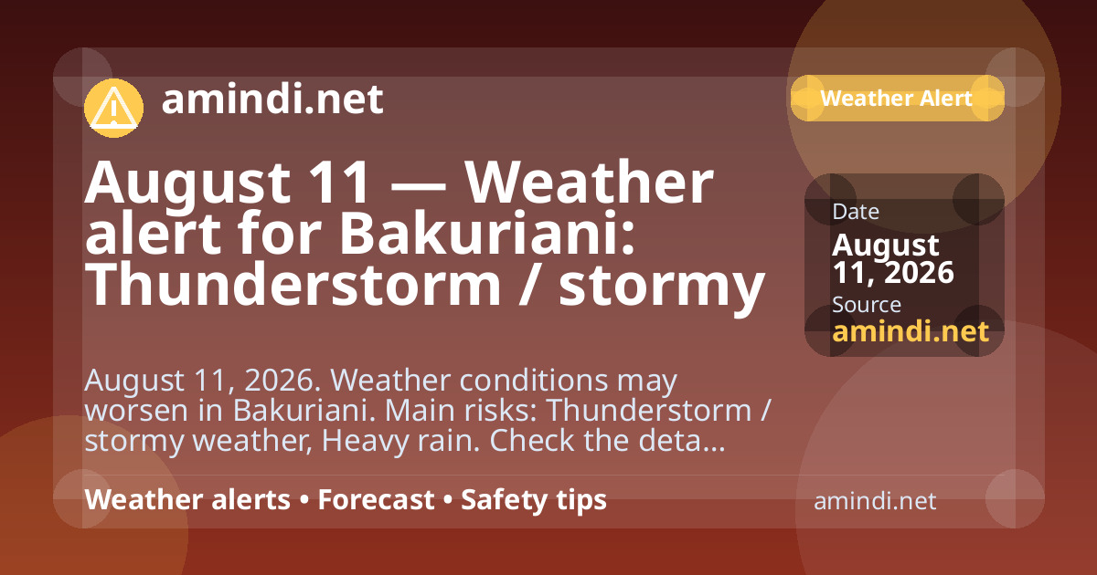 August 11 — Weather alert for Bakuriani: Thunderstorm / stormy weather, Heavy rain