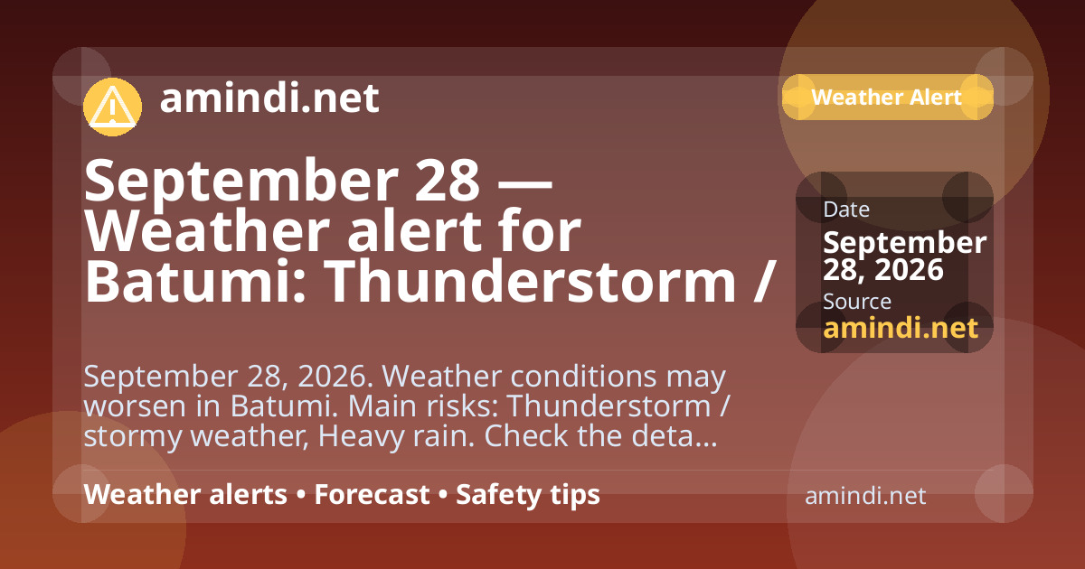 September 28 — Weather alert for Batumi: Thunderstorm / stormy weather, Heavy rain