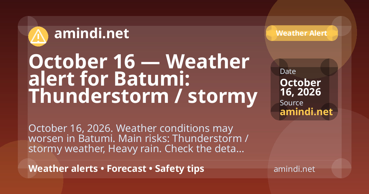 October 16 — Weather alert for Batumi: Thunderstorm / stormy weather, Heavy rain