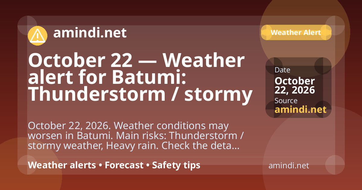 October 22 — Weather alert for Batumi: Thunderstorm / stormy weather, Heavy rain