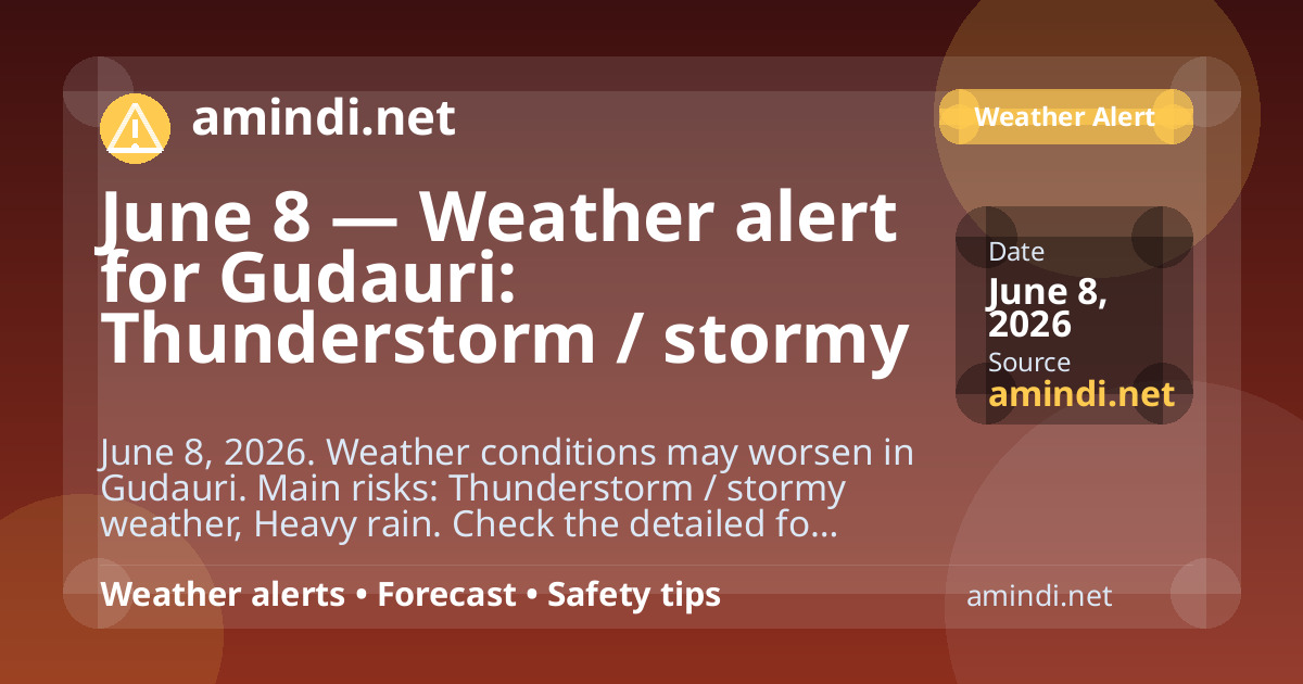 June 8 — Weather alert for Gudauri: Thunderstorm / stormy weather, Heavy rain