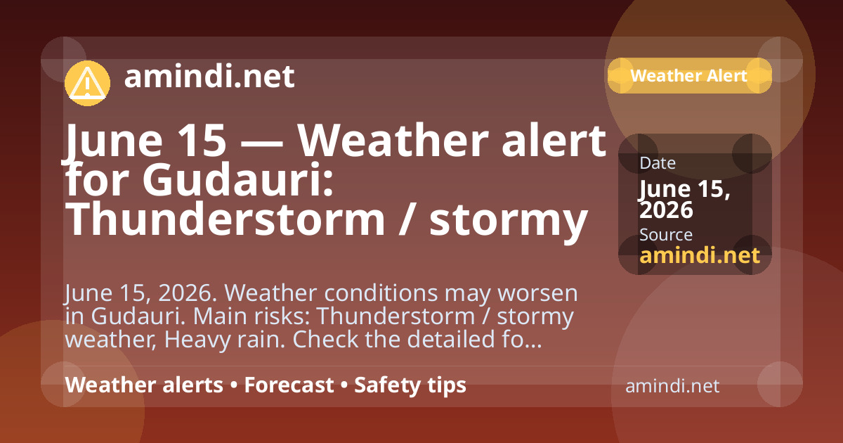 June 15 — Weather alert for Gudauri: Thunderstorm / stormy weather, Heavy rain