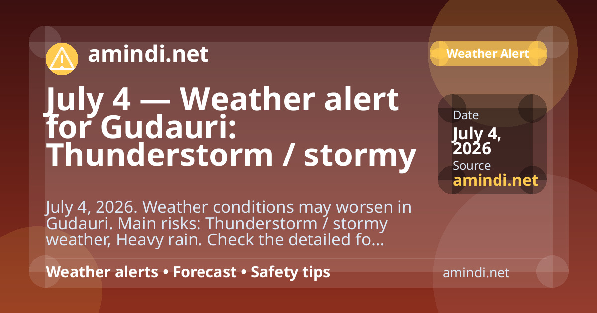 July 4 — Weather alert for Gudauri: Thunderstorm / stormy weather, Heavy rain