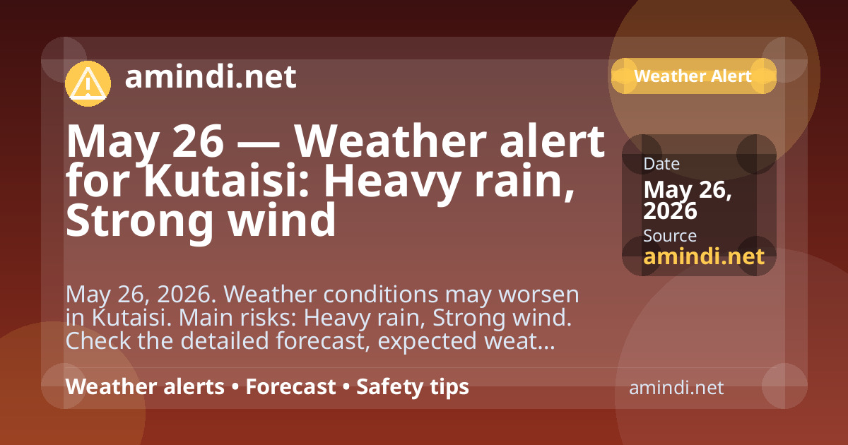 May 26 — Weather alert for Kutaisi: Heavy rain, Strong wind