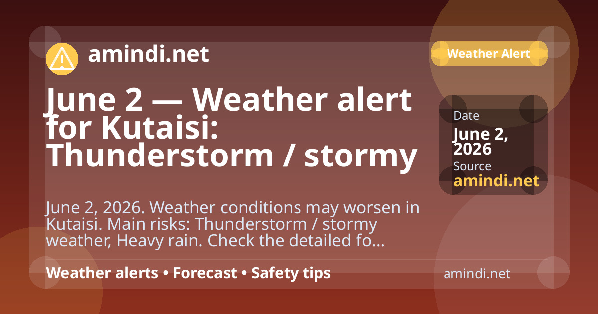 June 2 — Weather alert for Kutaisi: Thunderstorm / stormy weather, Heavy rain