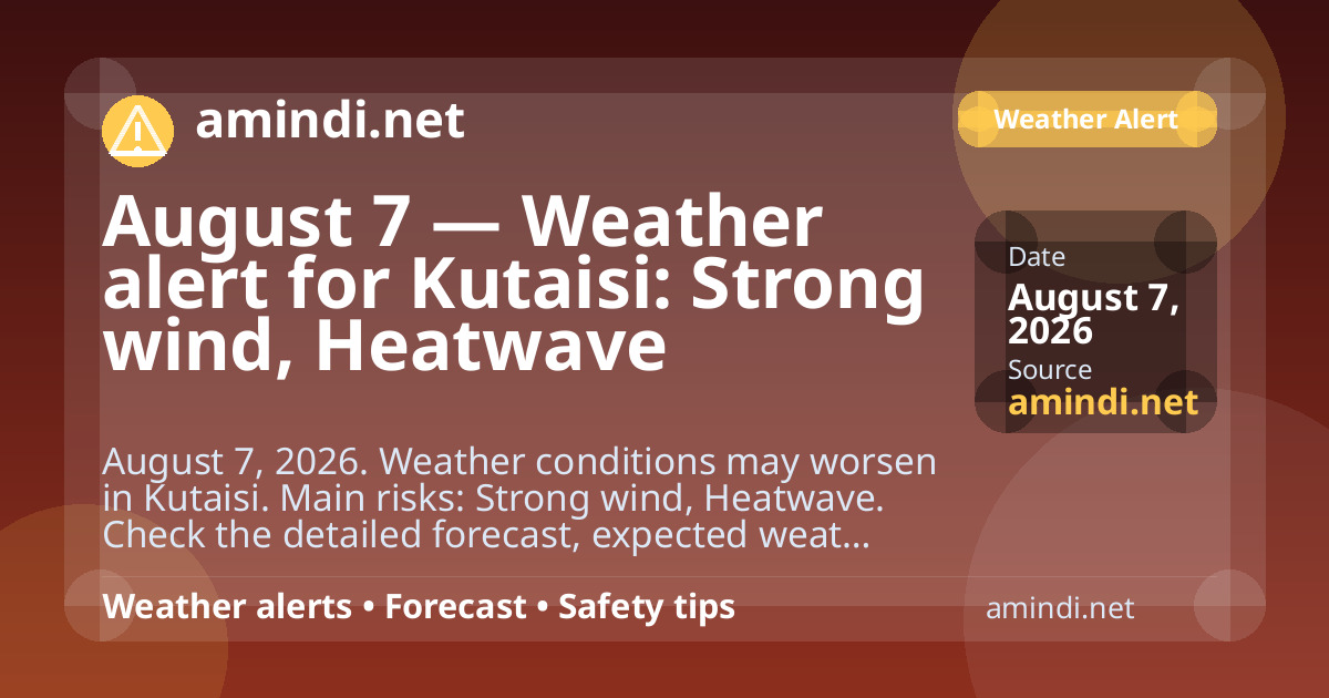 August 7 — Weather alert for Kutaisi: Strong wind, Heatwave