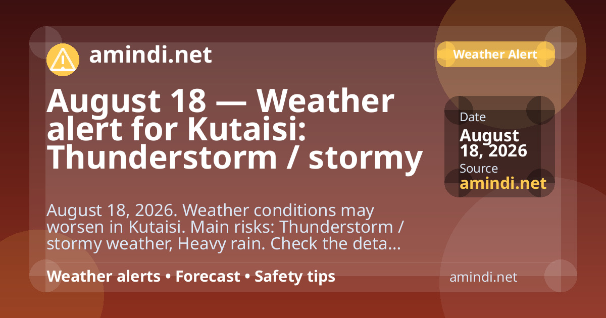 August 18 — Weather alert for Kutaisi: Thunderstorm / stormy weather, Heavy rain
