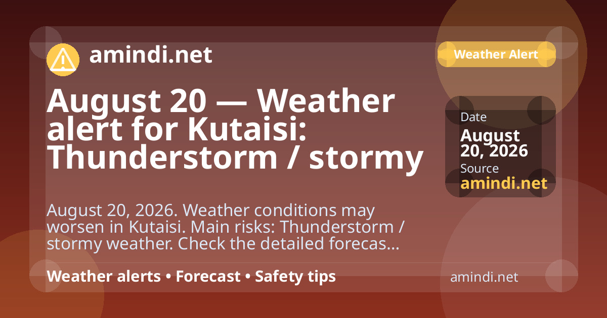 August 20 — Weather alert for Kutaisi: Thunderstorm / stormy weather