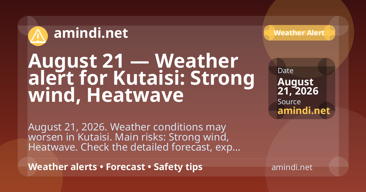 August 21 — Weather alert for Kutaisi: Strong wind, Heatwave