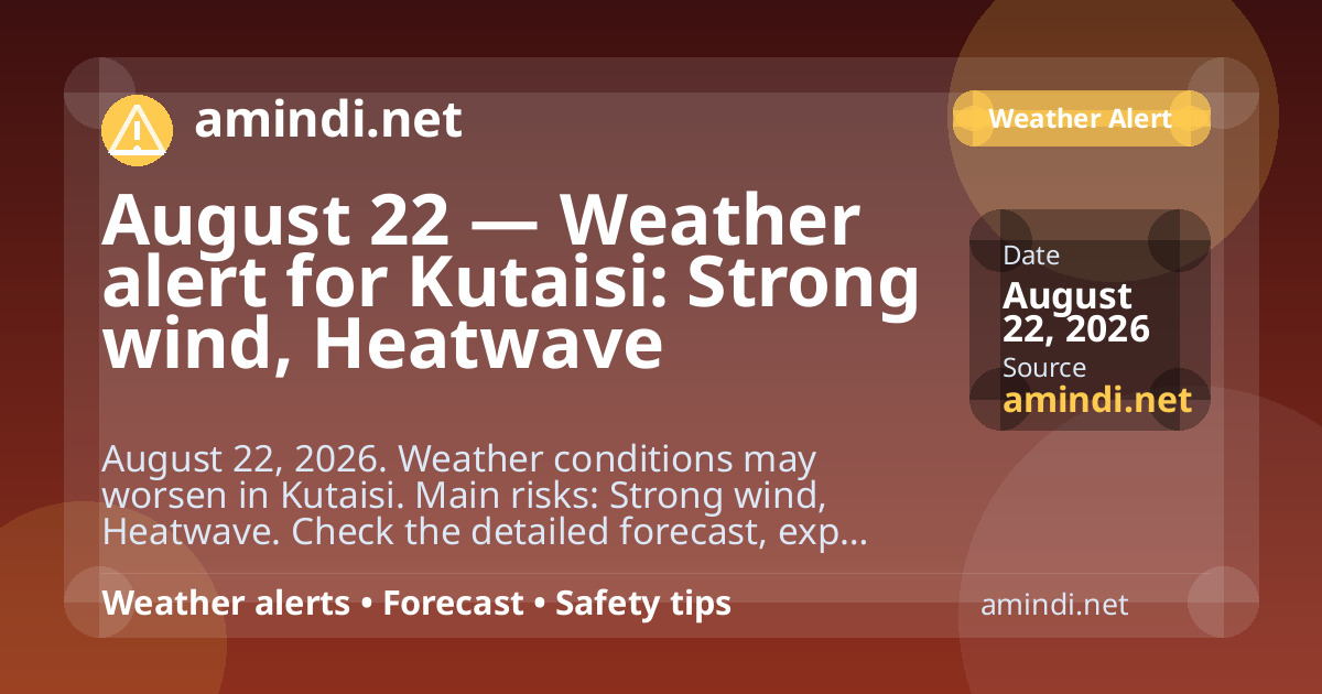 August 22 — Weather alert for Kutaisi: Strong wind, Heatwave