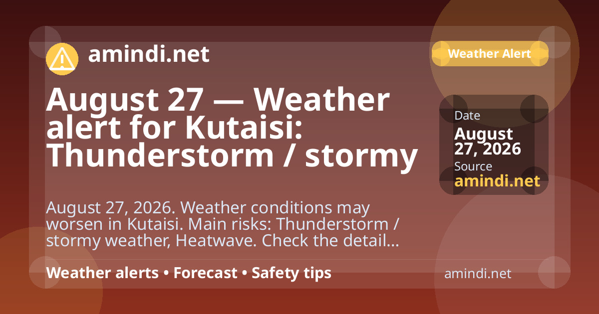August 27 — Weather alert for Kutaisi: Thunderstorm / stormy weather, Heatwave