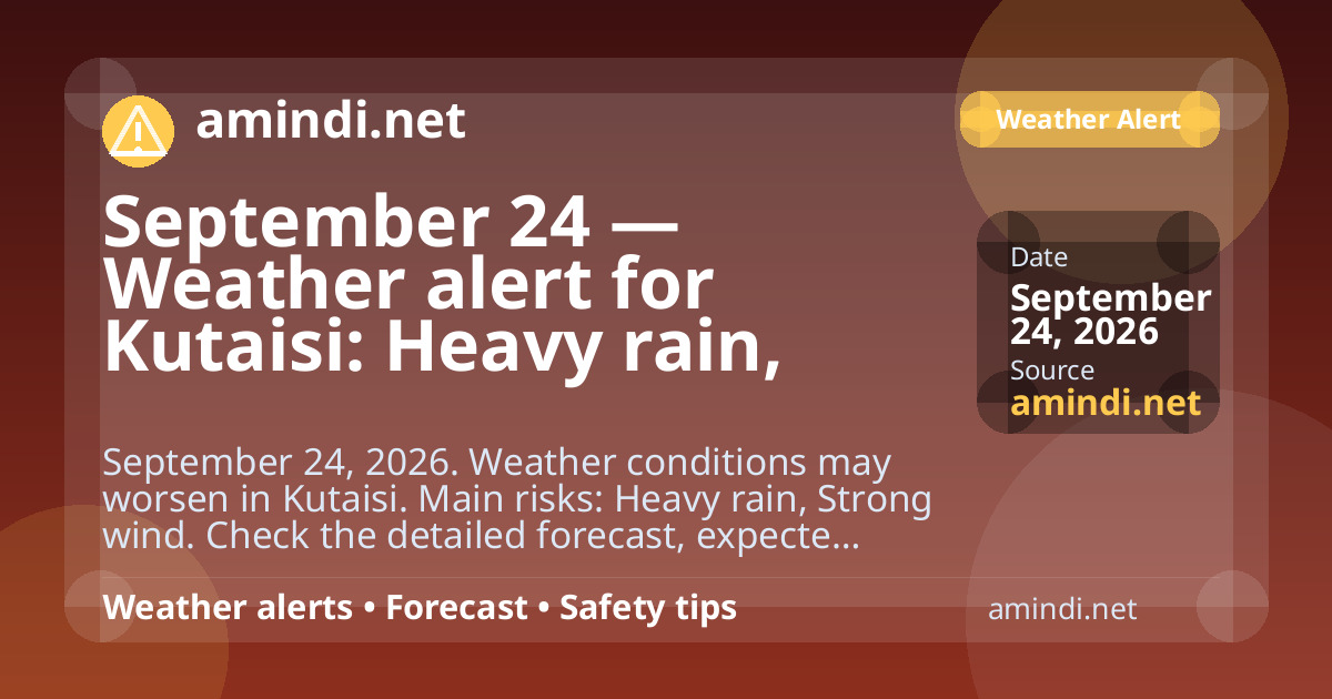 September 24 — Weather alert for Kutaisi: Heavy rain, Strong wind