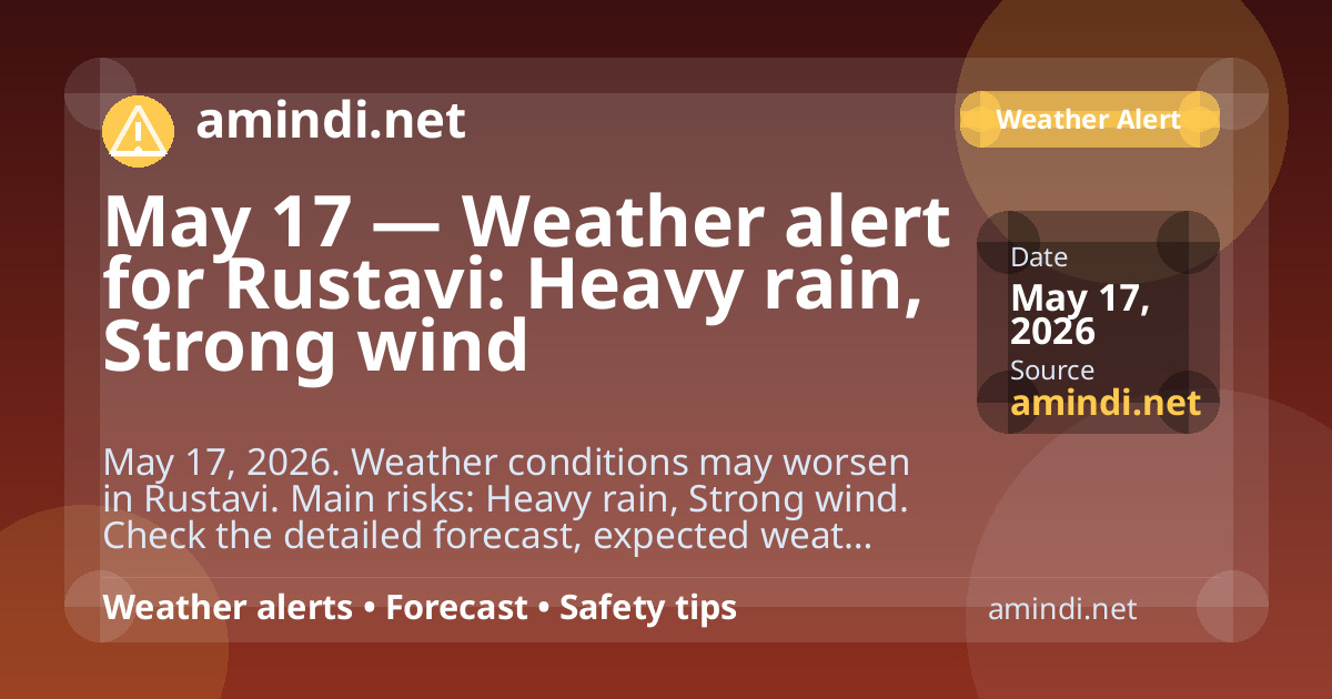 May 17 — Weather alert for Rustavi: Heavy rain, Strong wind