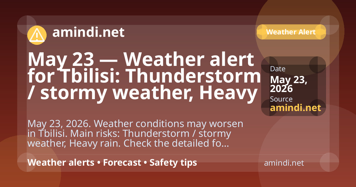 May 23 — Weather alert for Tbilisi: Thunderstorm / stormy weather, Heavy rain