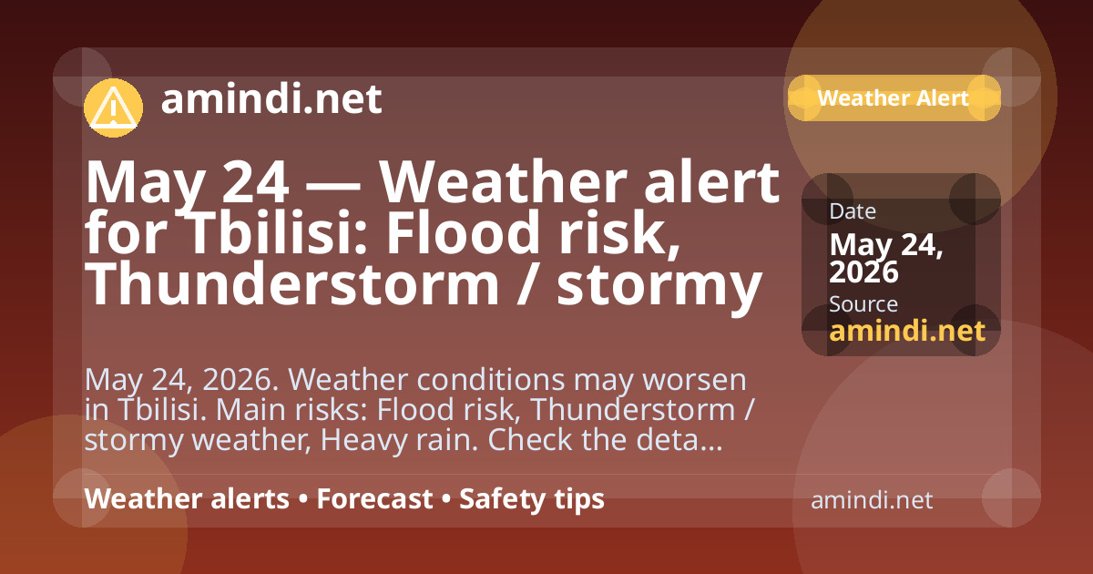 May 24 — Weather alert for Tbilisi: Flood risk, Thunderstorm / stormy weather, Heavy rain