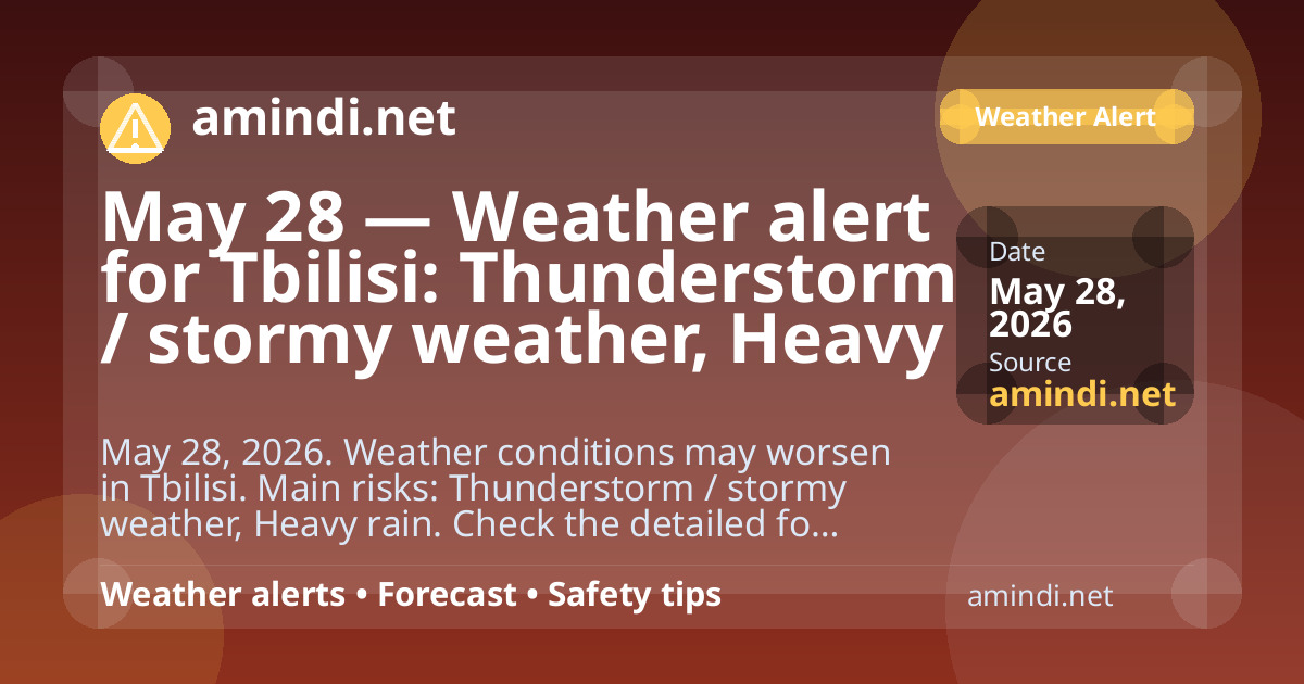 May 28 — Weather alert for Tbilisi: Thunderstorm / stormy weather, Heavy rain