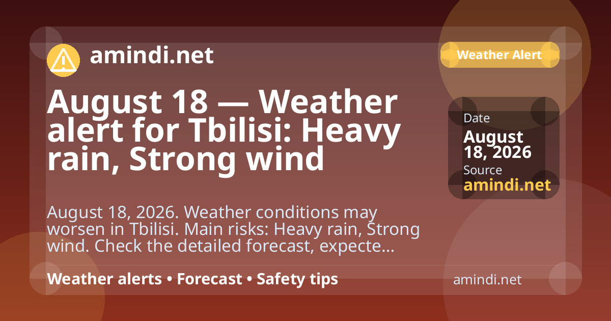 August 18 — Weather alert for Tbilisi: Heavy rain, Strong wind