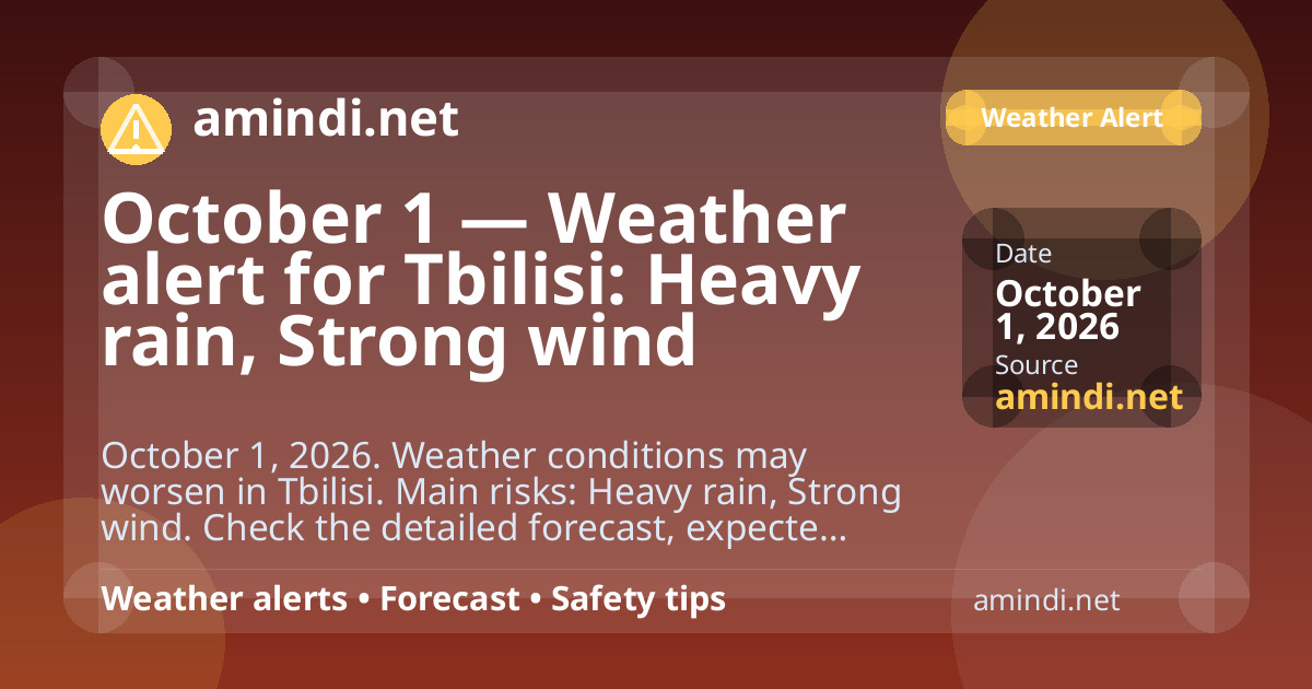 October 1 — Weather alert for Tbilisi: Heavy rain, Strong wind