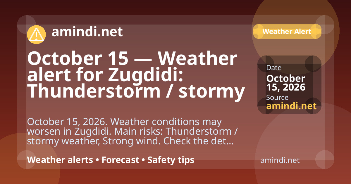 October 15 — Weather alert for Zugdidi: Thunderstorm / stormy weather, Strong wind