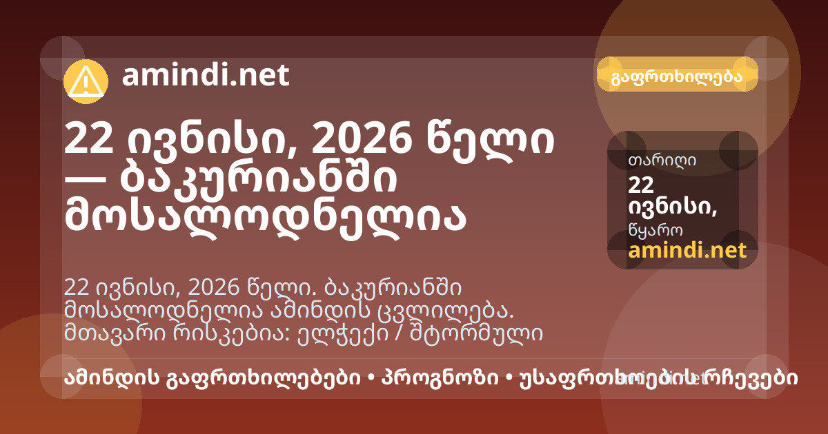 22 ივნისი, 2026 წელი — ბაკურიანში მოსალოდნელია ელჭექი / შტორმული ამინდი