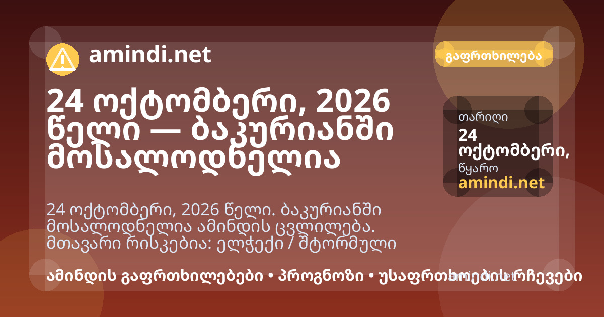 24 ოქტომბერი, 2026 წელი — ბაკურიანში მოსალოდნელია ელჭექი / შტორმული ამინდი