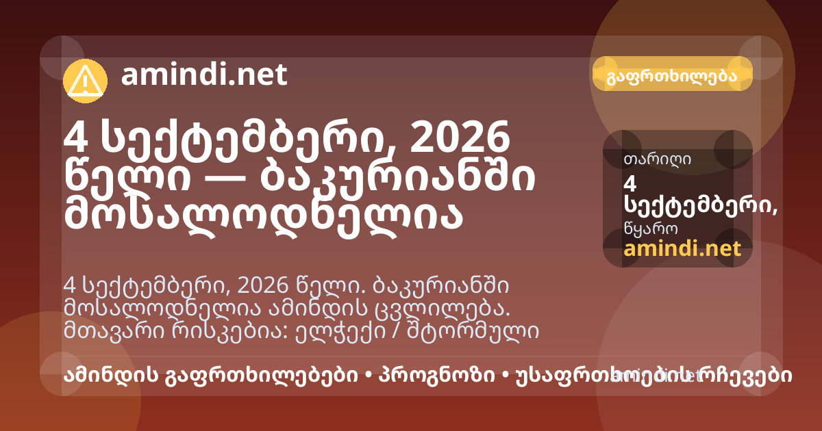 4 სექტემბერი, 2026 წელი — ბაკურიანში მოსალოდნელია ელჭექი / შტორმული ამინდი