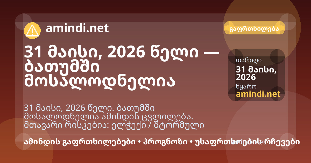 31 მაისი, 2026 წელი — ბათუმში მოსალოდნელია ელჭექი / შტორმული ამინდი, ძლიერი წვიმა
