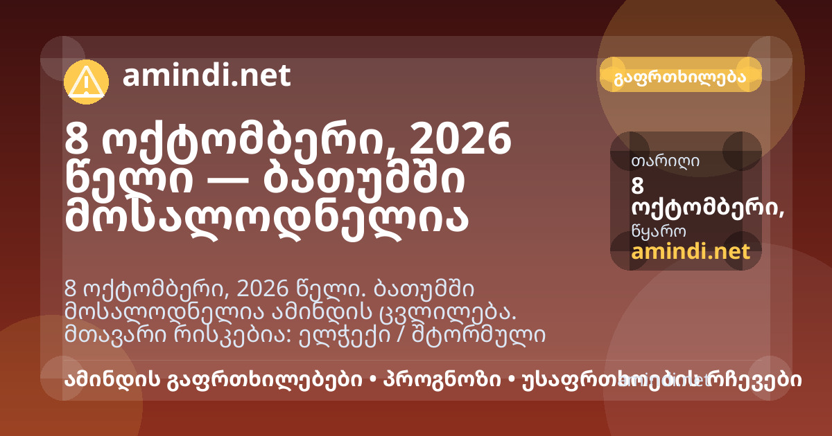 8 ოქტომბერი, 2026 წელი — ბათუმში მოსალოდნელია ელჭექი / შტორმული ამინდი, ძლიერი წვიმა