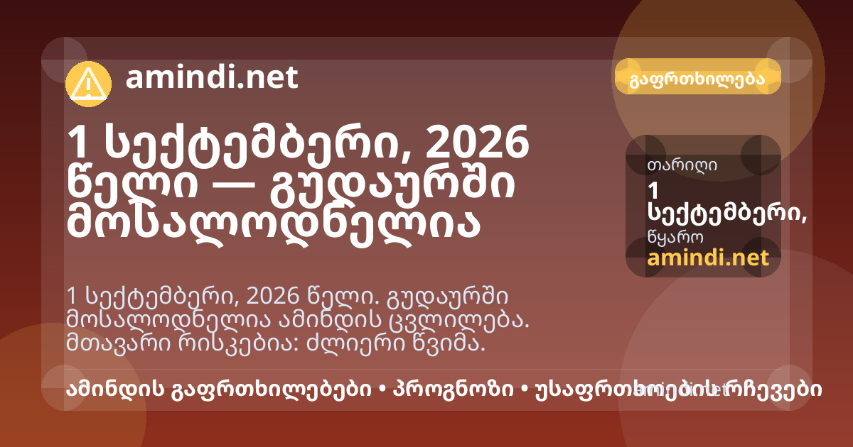 1 სექტემბერი, 2026 წელი — გუდაურში მოსალოდნელია ძლიერი წვიმა