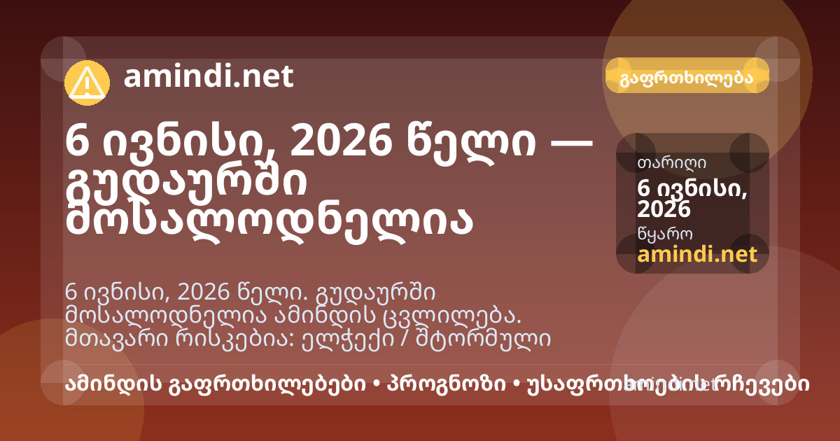 6 ივნისი, 2026 წელი — გუდაურში მოსალოდნელია ელჭექი / შტორმული ამინდი, ძლიერი წვიმა