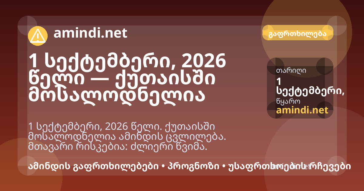1 სექტემბერი, 2026 წელი — ქუთაისში მოსალოდნელია ძლიერი წვიმა
