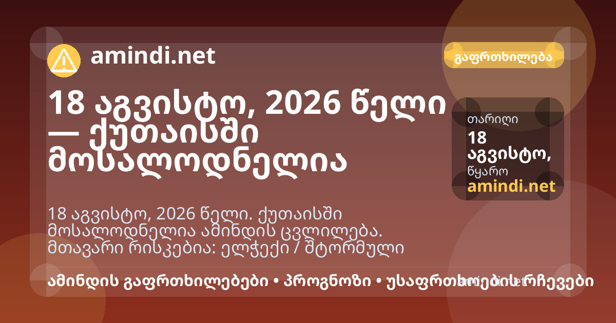 18 აგვისტო, 2026 წელი — ქუთაისში მოსალოდნელია ელჭექი / შტორმული ამინდი, ძლიერი წვიმა