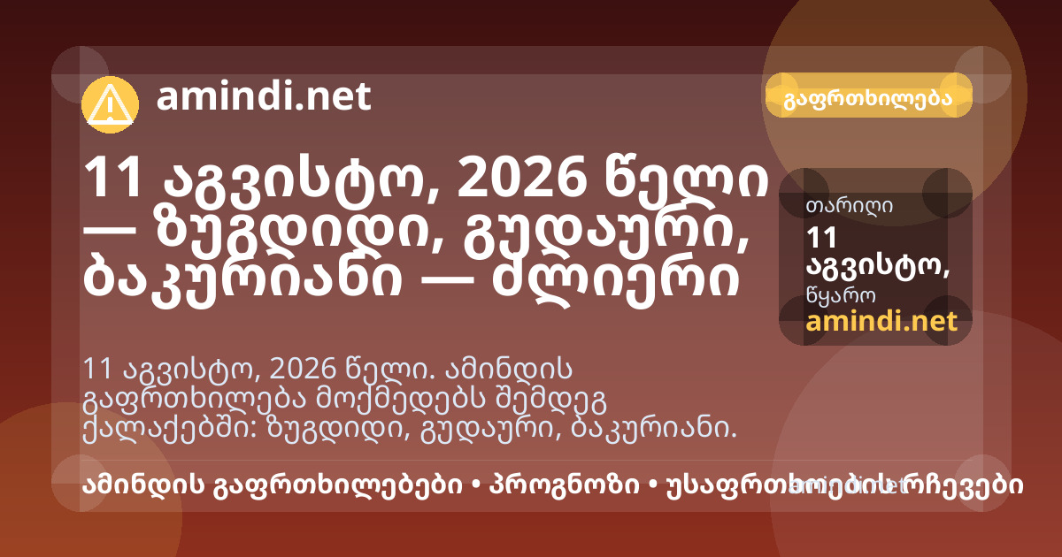 11 აგვისტო, 2026 წელი — ზუგდიდი, გუდაური, ბაკურიანი — ძლიერი წვიმა