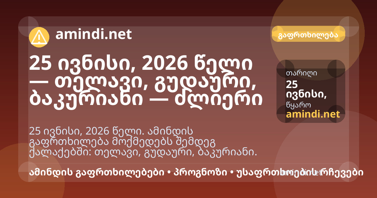 25 ივნისი, 2026 წელი — თელავი, გუდაური, ბაკურიანი — ძლიერი წვიმა