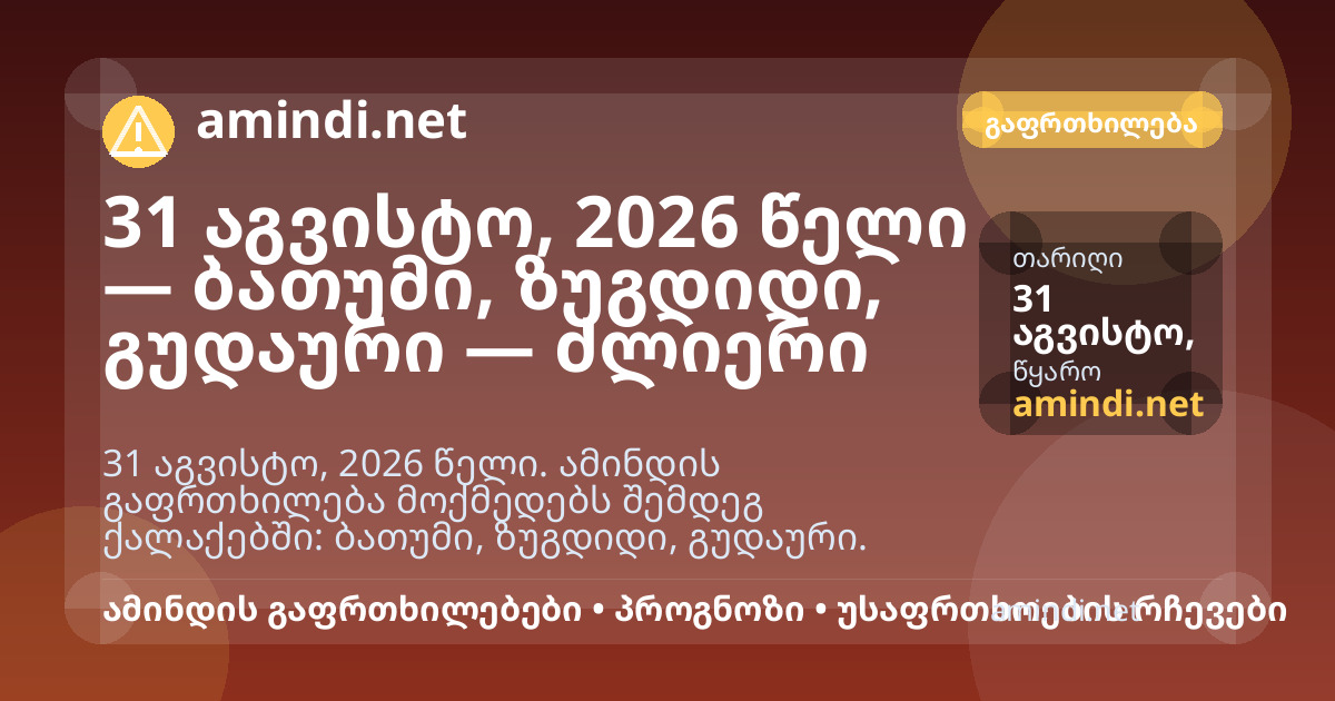 31 აგვისტო, 2026 წელი — ბათუმი, ზუგდიდი, გუდაური, ბაკურიანი — ძლიერი წვიმა