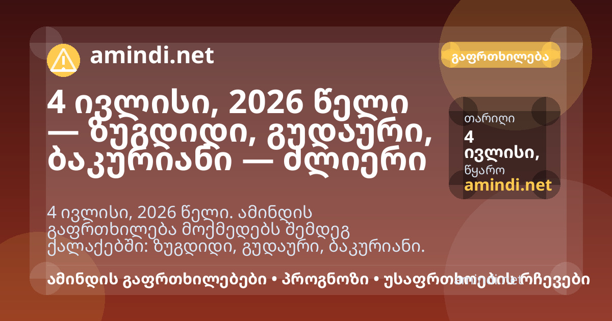 4 ივლისი, 2026 წელი — ქუთაისი, ზუგდიდი, გუდაური, ბაკურიანი — ძლიერი წვიმა