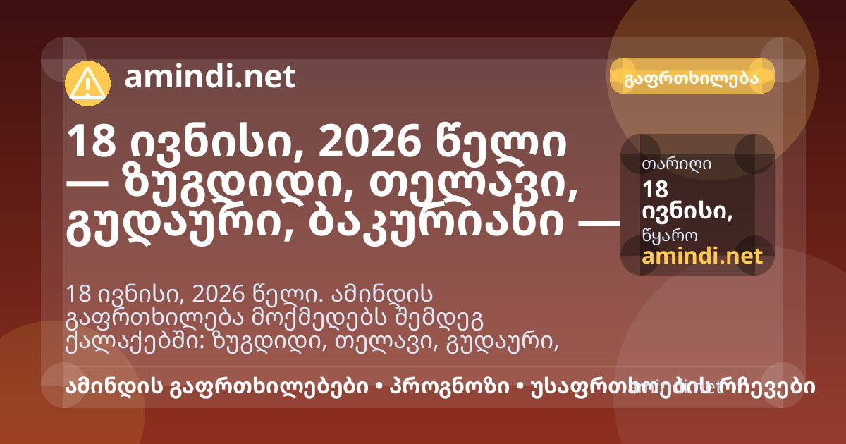 18 ივნისი, 2026 წელი — ზუგდიდი, თელავი, გუდაური, ბაკურიანი — ელჭექი / შტორმული ამინდი