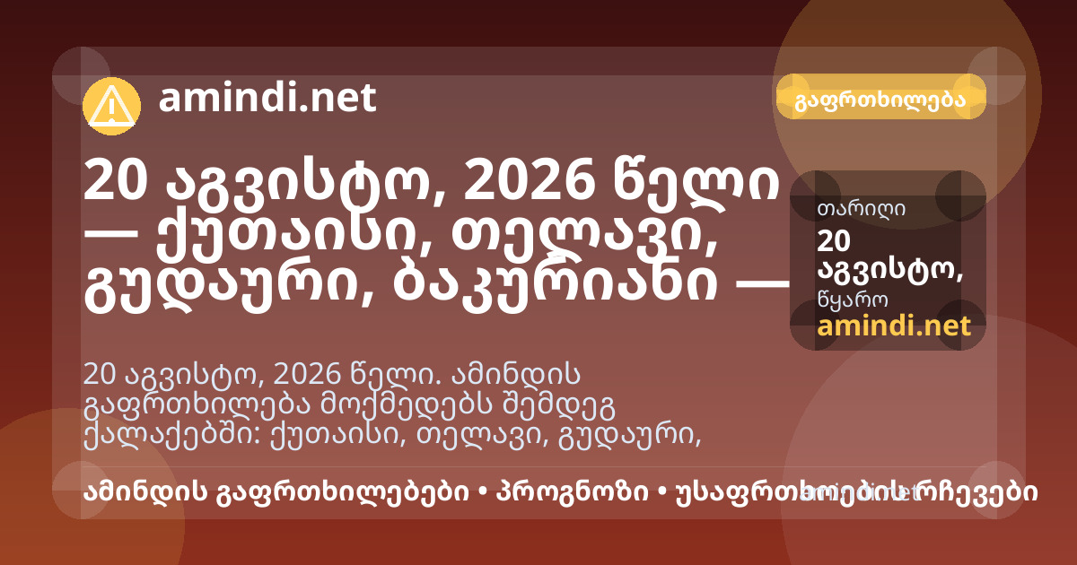 20 აგვისტო, 2026 წელი — ქუთაისი, თელავი, გუდაური, ბაკურიანი — ელჭექი / შტორმული ამინდი
