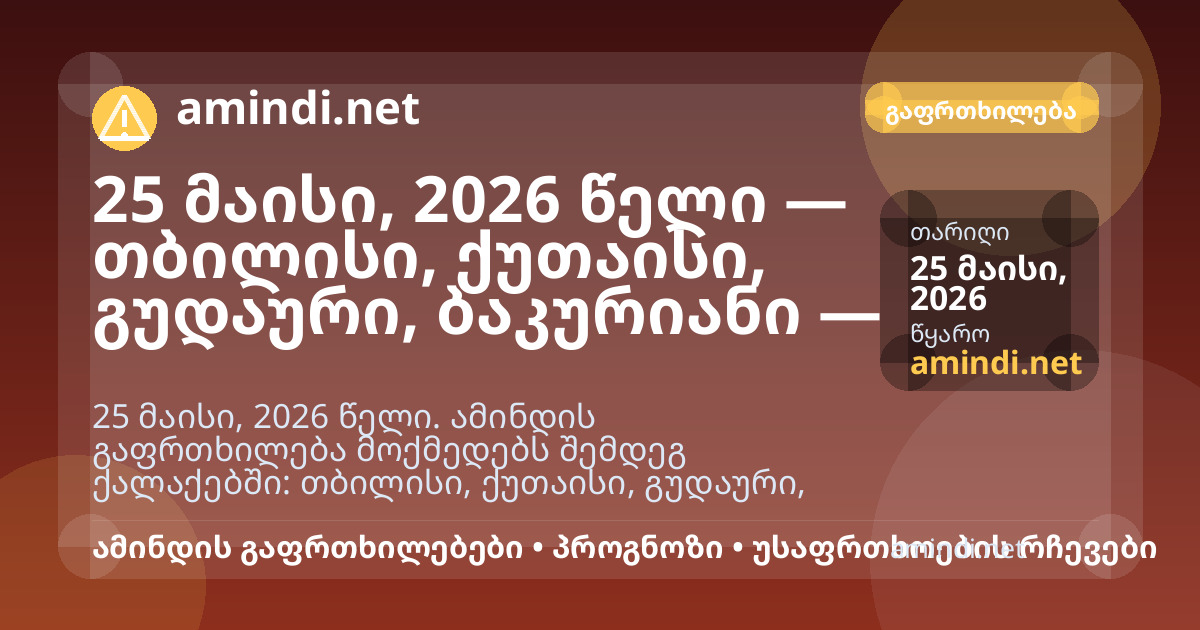 25 მაისი, 2026 წელი — თბილისი, ქუთაისი, გუდაური, ბაკურიანი — ელჭექი / შტორმული ამინდი