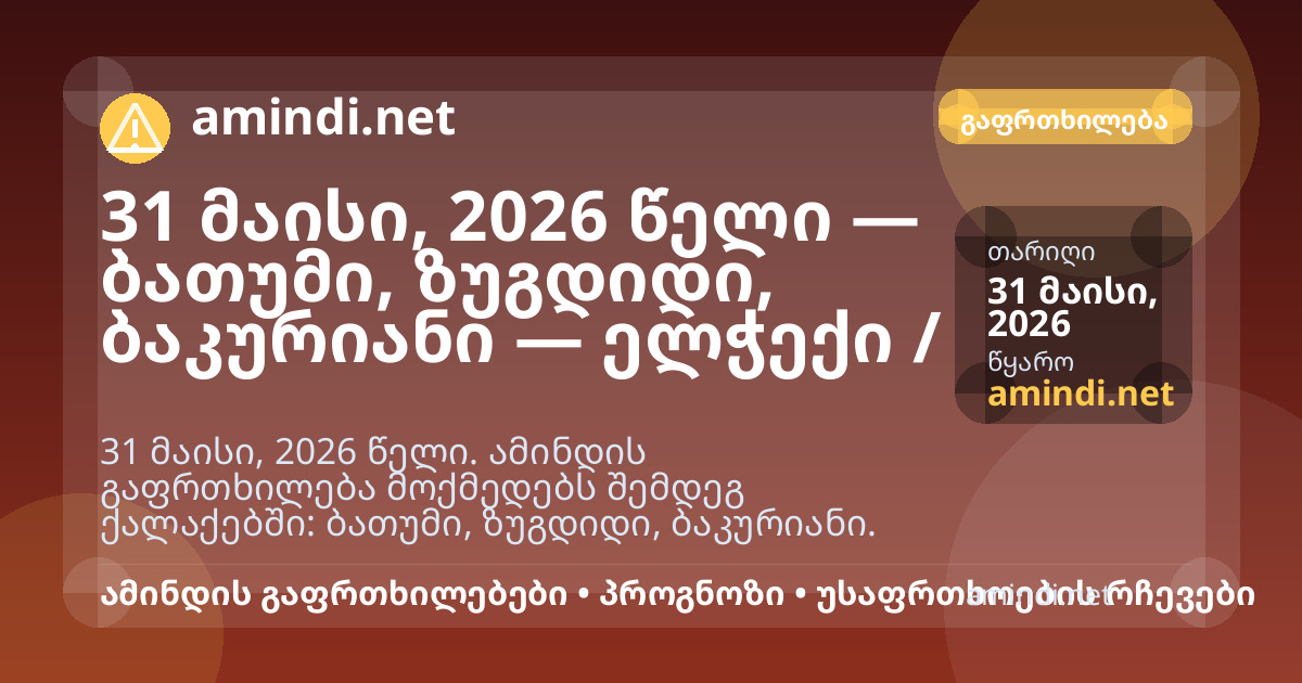 31 მაისი, 2026 წელი — ბათუმი, ქუთაისი, ზუგდიდი, ბაკურიანი — ელჭექი / შტორმული ამინდი