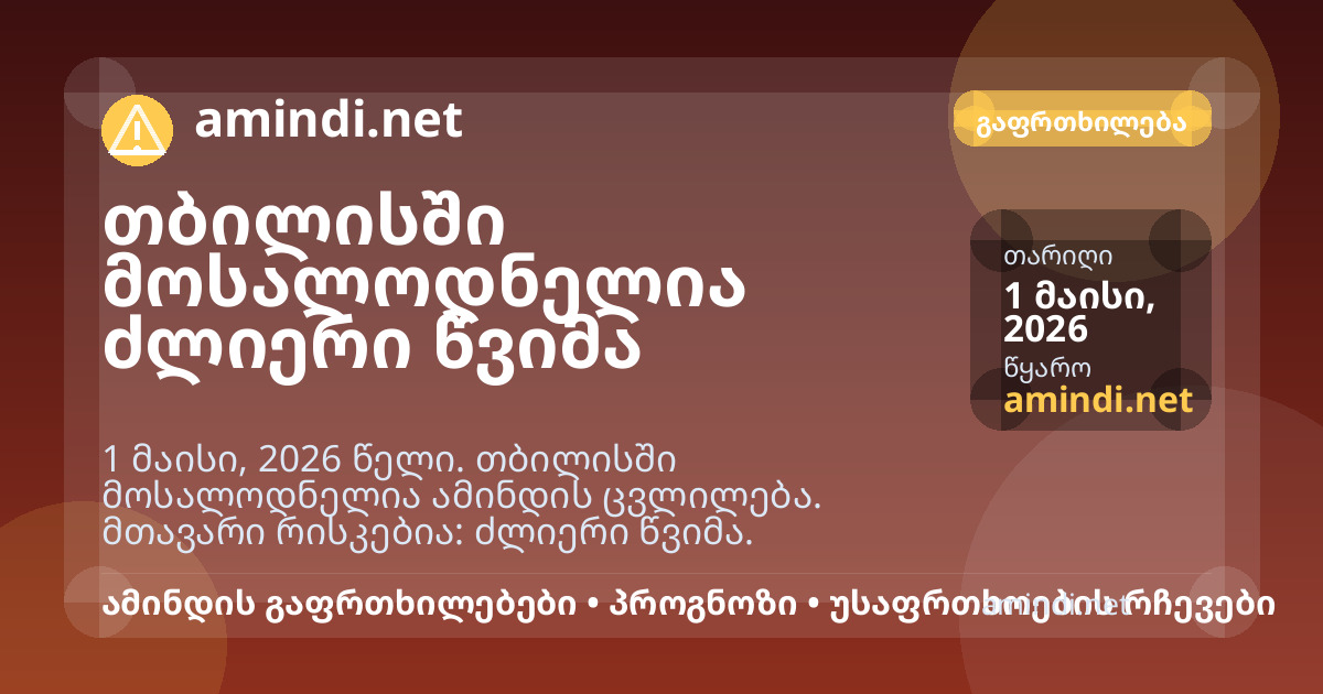 თბილისში მოსალოდნელია ძლიერი წვიმა