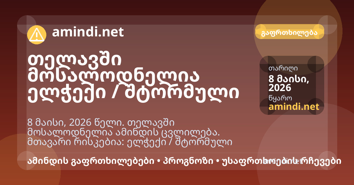 თელავში მოსალოდნელია ელჭექი / შტორმული ამინდი, ძლიერი წვიმა